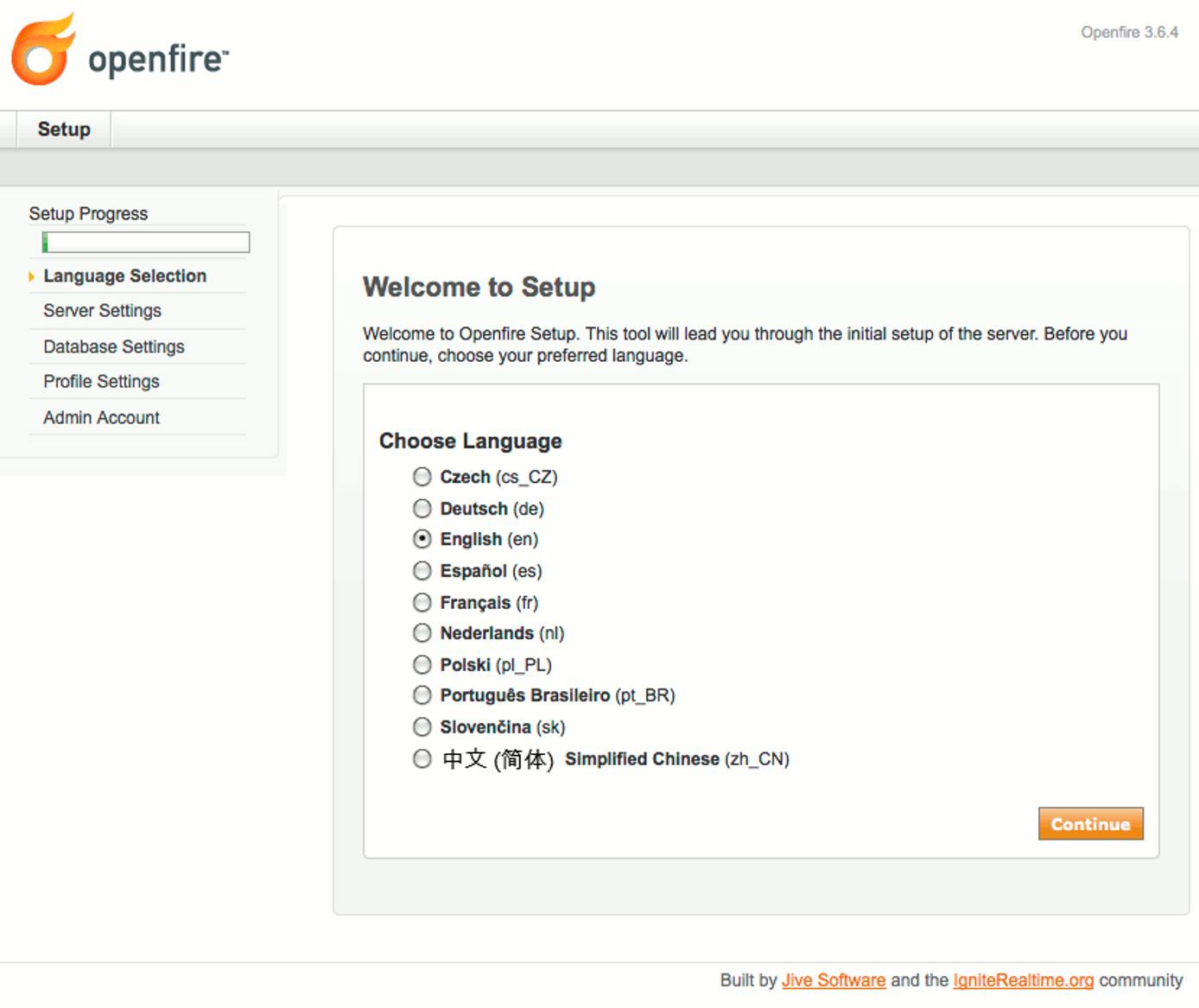 Language selection in Openfire setup on Ubuntu 9.04 (Jaunty). Language selection in Openfire setup on Ubuntu 9.04 (Jaunty).