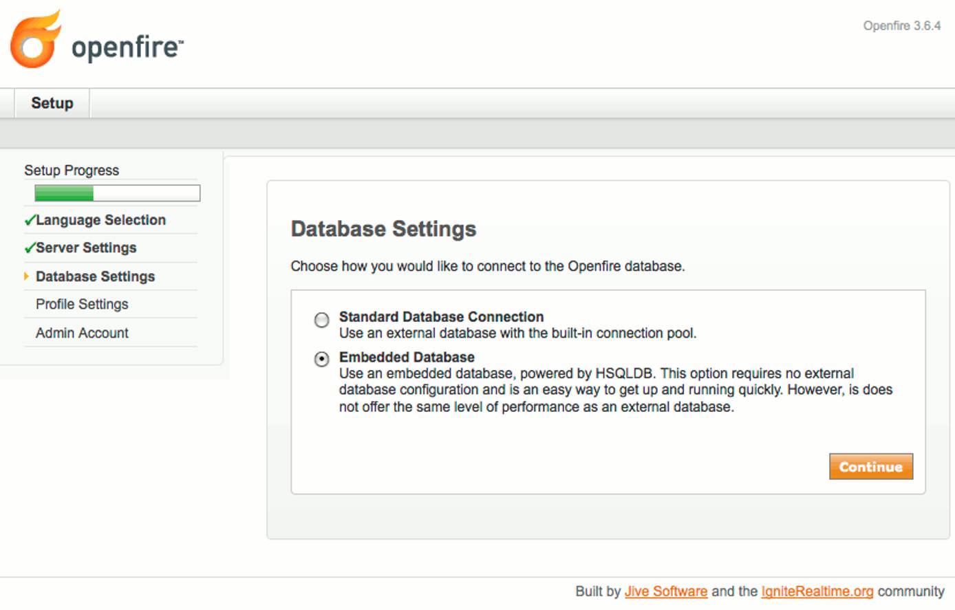 Database type selection in Openfire setup on Ubuntu 9.04 (Jaunty). Database type selection in Openfire setup on Ubuntu 9.04 (Jaunty).