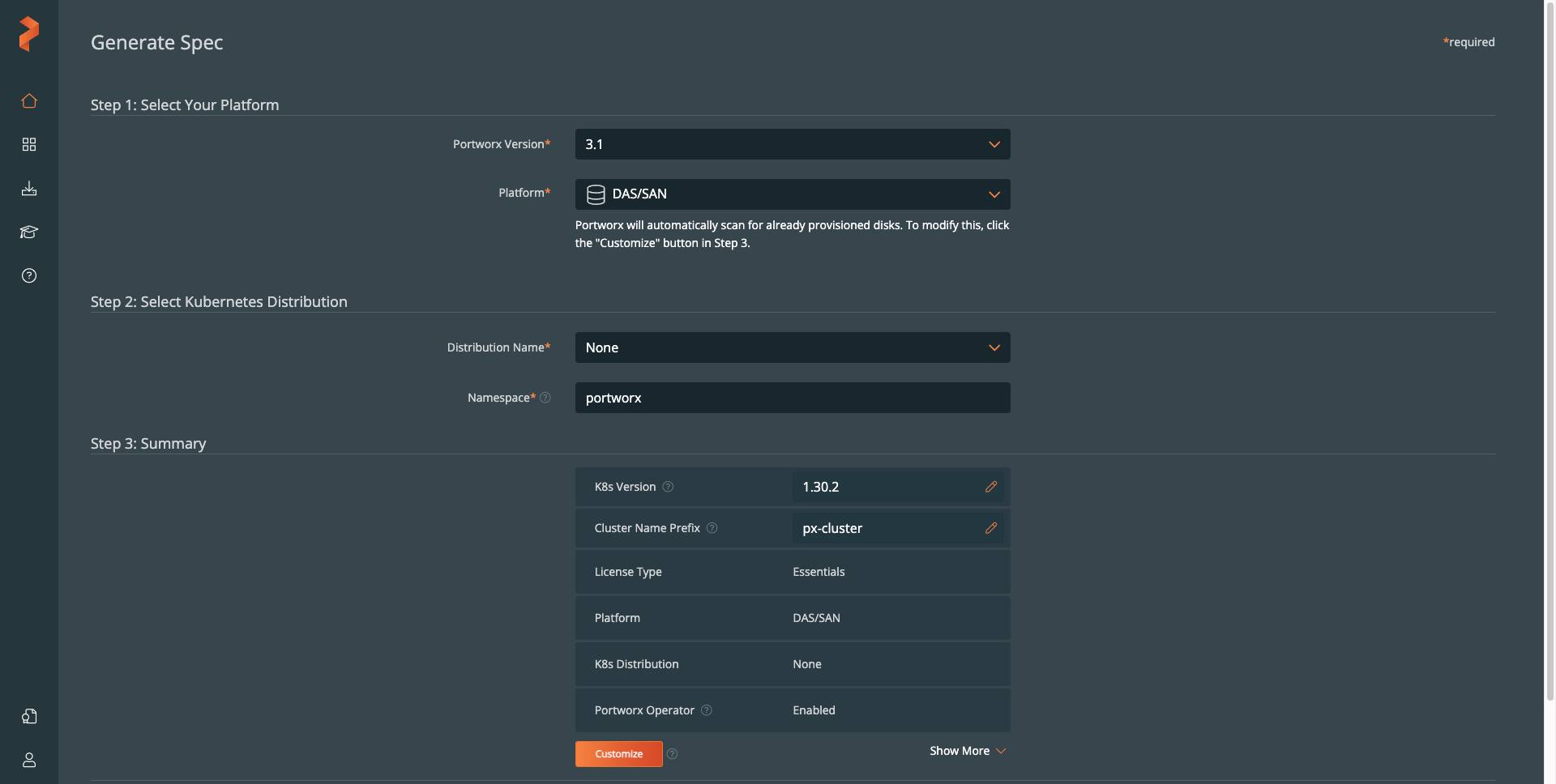 The Generate Spec page in Portworx Central. The Generate Spec page in Portworx Central.